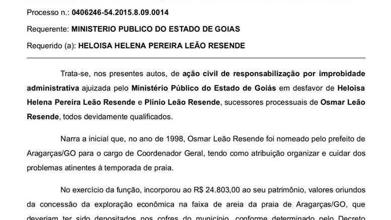 Ministério Público de Goiás move ação por improbidade administrativa contra sucessores de ex-coordenador de Aragarças entre eles Plínio Leão